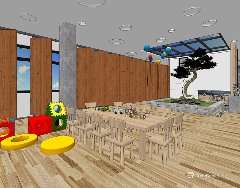 Kindergarten Interior With Wooden Walls Floor Tables Chairs Colorful Balloons And Toys 3d model 