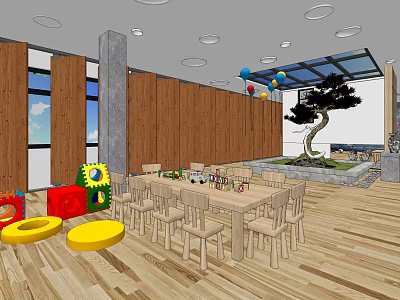 Kindergarten Interior With Wooden Walls Floor Tables Chairs Colorful Balloons And Toys 3d model