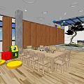 Kindergarten Interior With Wooden Walls Floor Tables Chairs Colorful Balloons And Toys