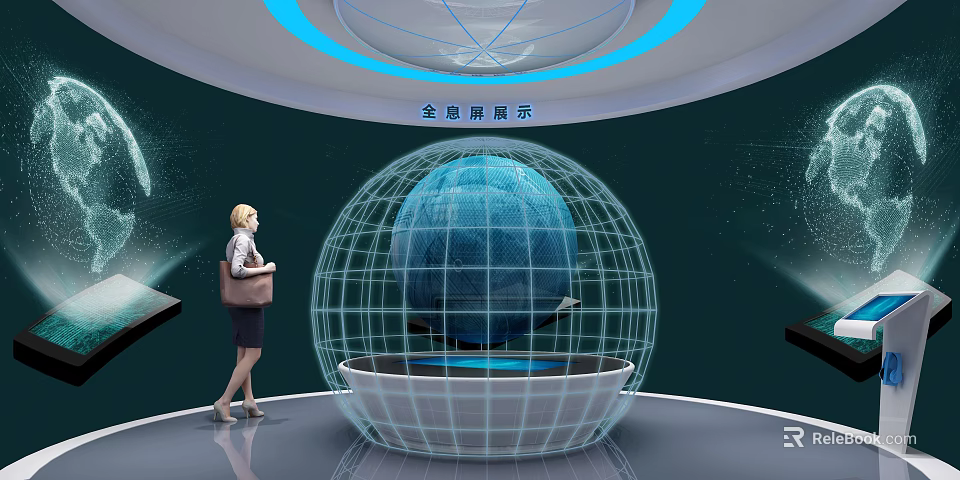 Holographic Screen Display Featuring Globe In Wireframe Structure And Woman Viewer 3d model