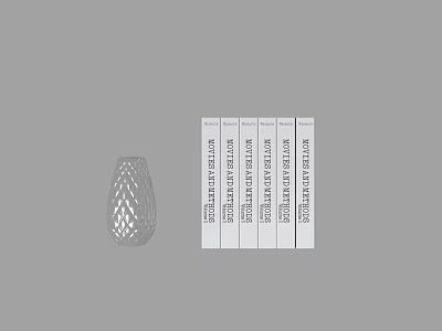 Six Vertical Books Arrangement With Hollow Design Vase on Gray Background 3d model