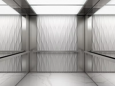 Elevator Interior Design With White Wavy Textured Walls And Metallic Frames 3d model