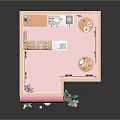 Cute Cat In Pink Cafe Model With Kitchen Interior And Outdoor Plants