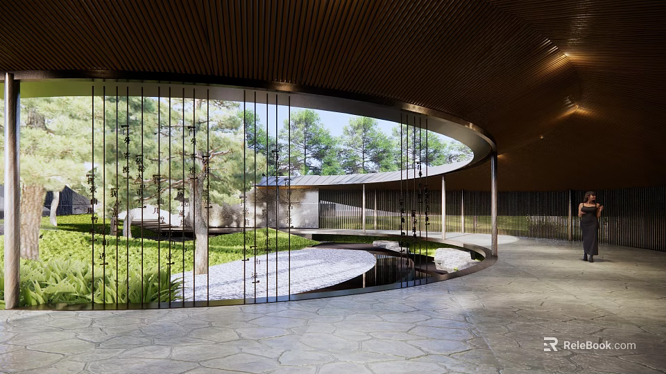 Curved Wooden Pergola with Slatted Roof Surrounding Trees and Water Feature 3d model 