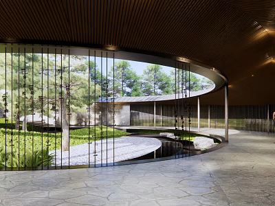 Curved Wooden Pergola with Slatted Roof Surrounding Trees and Water Feature 3d model