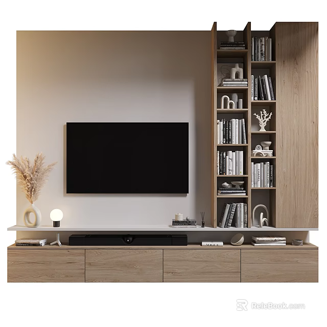 Modern TV Wall Interior Design With Wooden Shelves TV Stand Books And Decorations 3d model 