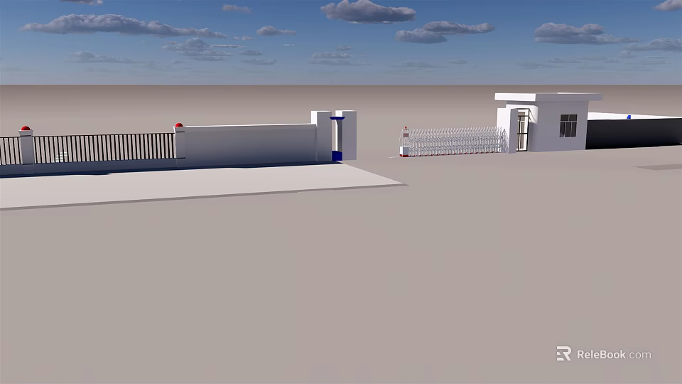 White Entrance Gate Design With Guard House And Fenced White Wall 3d model 