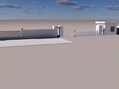 White Entrance Gate Design With Guard House And Fenced White Wall 3d model