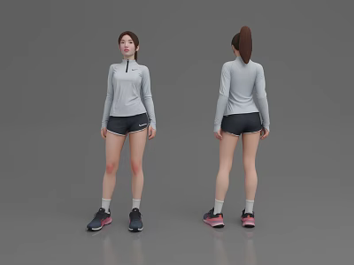 Woman In Light Gray Long Sleeve Top And Black Shorts With Sneakers Front Back Views 3d model