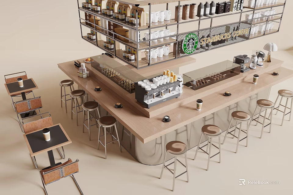 Modern Bar Counter Interior Design With Hanging Shelves Coffee Machine And Stools 3d model 