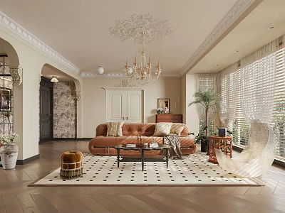 Elegant Living Room With Brown Sofa Crystal Chandelier Geometric Rug And Potted Plant 3d model