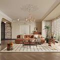 Elegant Living Room With Brown Sofa Crystal Chandelier Geometric Rug And Potted Plant