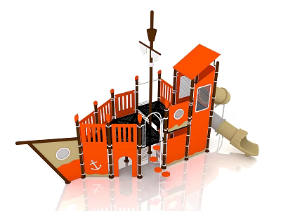 Orange Pirate Ship Shaped Playground Equipment With Slide Railings And Cabin Structure 3d model