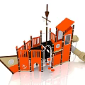 Orange Pirate Ship Shaped Playground Equipment With Slide Railings And Cabin Structure