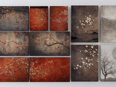 Artistic Landscape Paintings Collection Featuring Blossom Branches In Red Gray Brown Tones 3d model