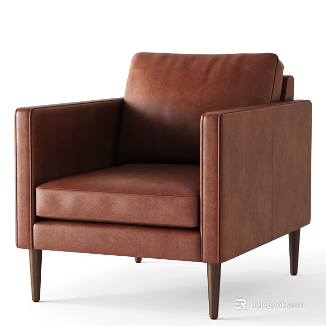 Brown Leather Modern Single Sofa With Armrest And Wooden Legs 3d model