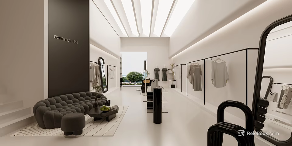 Modern White Clothing Store Interior With Clothing Racks Sofa And Plants 3d model 