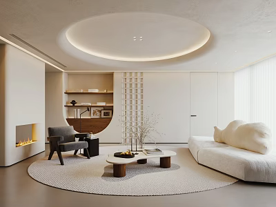 Modern Minimalist Living Room Interior With Circular Ceiling Light Fireplace White Sofa And Coffee Table 3d model
