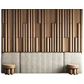 Modern Interior Design With Vertical Wooden Slat Wall Striped Beige Sofa And Small Round Stools