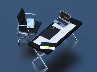 Modern Office Desk with Laptop Mouse Pad Documents and Ergonomic Chair 3d model