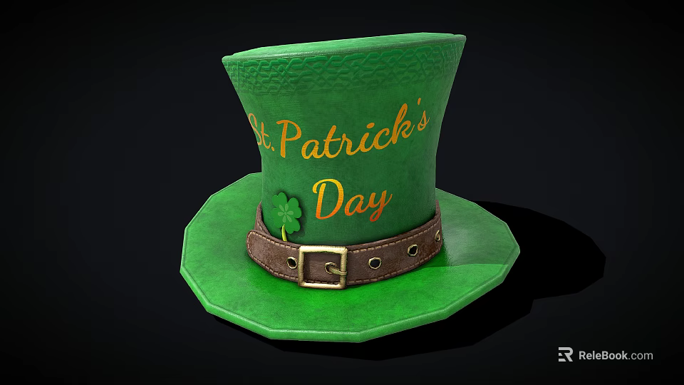 Green St Patricks Day Top Hat with Clover Design and Leather Belt Buckle 3d model 