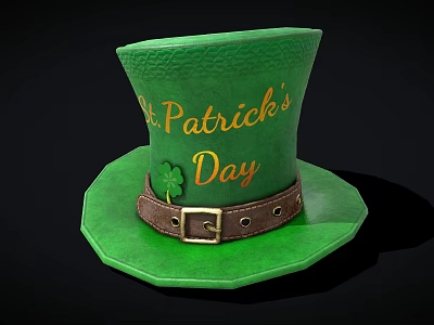Green St Patricks Day Top Hat with Clover Design and Leather Belt Buckle 3d model