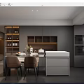 Modern Open Restaurant Interior Design With Gray Cabinets Dining Table And Chairs 3d model