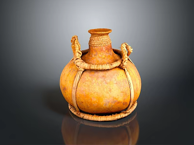 Artistic Sculpture Carving Of Clay Pot With Woven Rope Decoration Orange Yellow Texture And Base 3d model