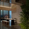 Modern Clubhouse Interior Design With Marble Floor Staircase Hanging Lamp And Decorative Wall