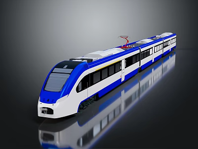 Modern Blue And White Streamlined Tram With Red Roof Equipment And Reflection 3d model