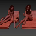 Two Women In Bikinis Sitting On Lounge Chairs One Pointing And Other Holding A Cup 3d model
