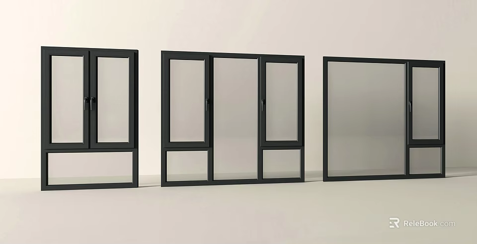 Modern Casement Windows With Black Frames Glass Panels And Various Designs 3d model 