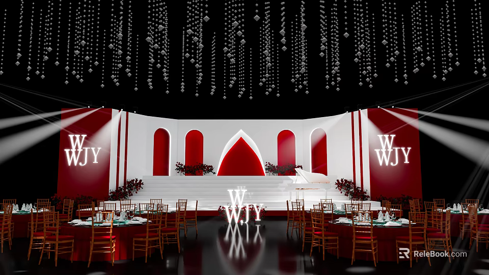Elegant Banquet Hall With Red White Decor Hanging Crystals Arch Stage WJY Letters Round Tables 3d model 