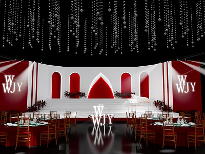 Elegant Banquet Hall With Red White Decor Hanging Crystals Arch Stage WJY Letters Round Tables 3d model