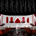 Elegant Banquet Hall With Red White Decor Hanging Crystals Arch Stage WJY Letters Round Tables