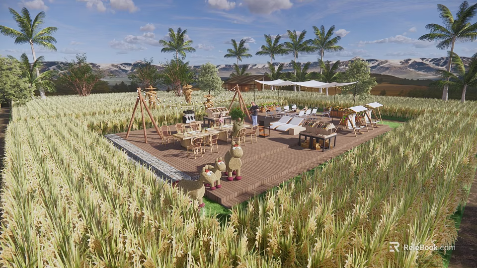 Rural Countryside Landscape With Rice Field Wooden Deck Outdoor Seating And Palm Trees 3d model 