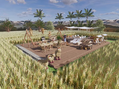 Rural Countryside Landscape With Rice Field Wooden Deck Outdoor Seating And Palm Trees 3d model
