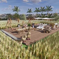Rural Countryside Landscape With Rice Field Wooden Deck Outdoor Seating And Palm Trees