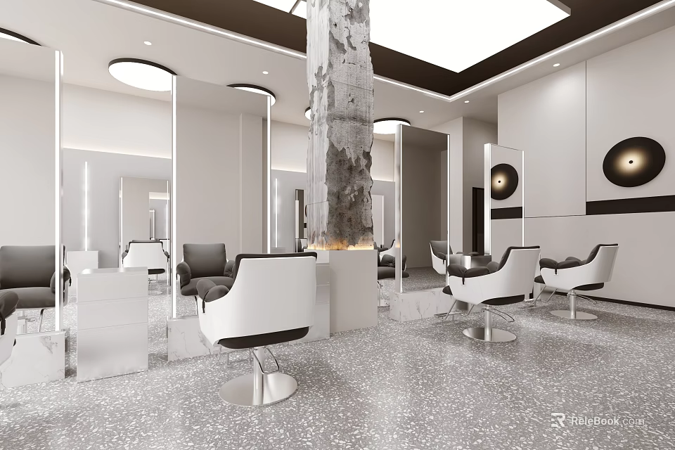 Modern Elegant Beauty Salon Interior With White Chairs Mirrors And Marble Pillar 3d model 
