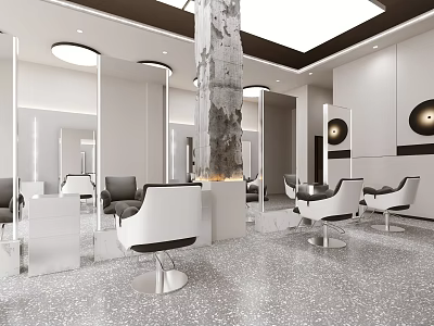 Modern Elegant Beauty Salon Interior With White Chairs Mirrors And Marble Pillar 3d model