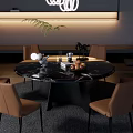 Modern Dining Room Interior With Round Table Brown Leather Chairs Pendant Lights And Gray Rug