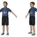 Boy In Blue Denim Short Sleeve Shirt With Cartoon Graphic Black Shorts White Socks Sneakers