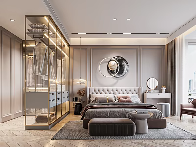 Modern Bedroom Interior Design With Glass Wardrobe Tufted Bed Round Mirror And Area Rug 3d model