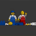 Lego Figures In Blue Red Overalls With Scattered Building Blocks And Parts