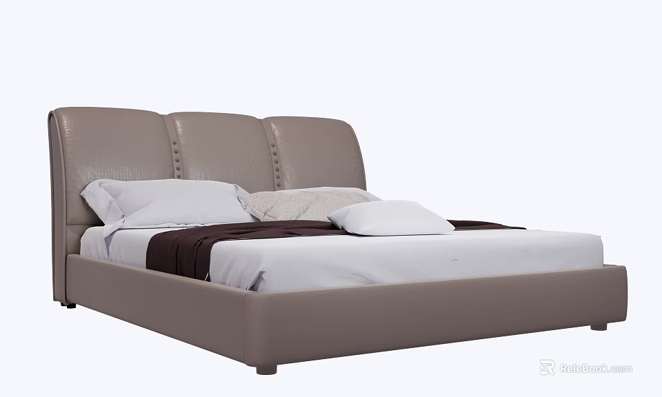 Modern Double Bed with Tufted Leather Headboard White Sheets and Decorative Pillows 3d model 