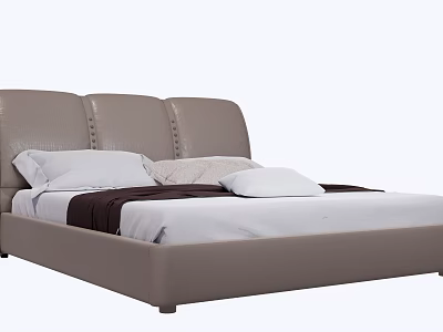 Modern Double Bed with Tufted Leather Headboard White Sheets and Decorative Pillows 3d model