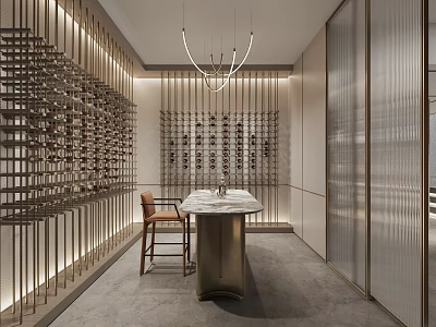Elegant Wine Cellar Interior With Wine Racks Hanging Chandeliers Marble Table And Chairs 3d model
