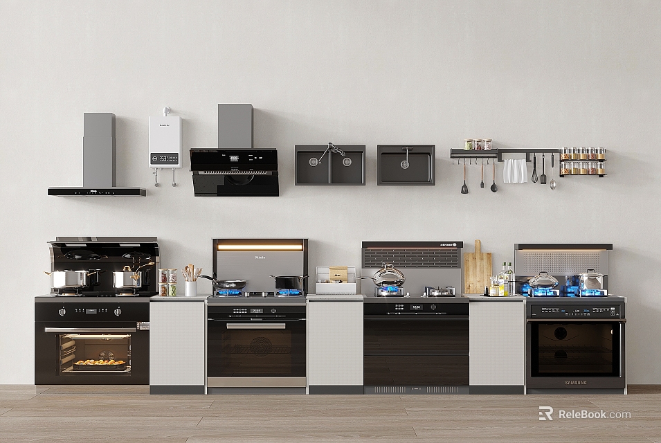 Sleek Modern Kitchen With Various Appliances Range Hood Oven Cooktop And Cabinets 3d model 