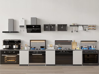 Sleek Modern Kitchen With Various Appliances Range Hood Oven Cooktop And Cabinets 3d model