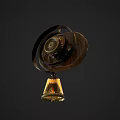 Vintage Wooden Circular Household Item With Decorative Gold Bell And Metal Accents